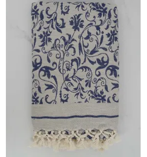 Fouta fleur gris clair et bleu 