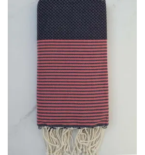 Fouta nid d'abeille bleu violet rayée rose fraise