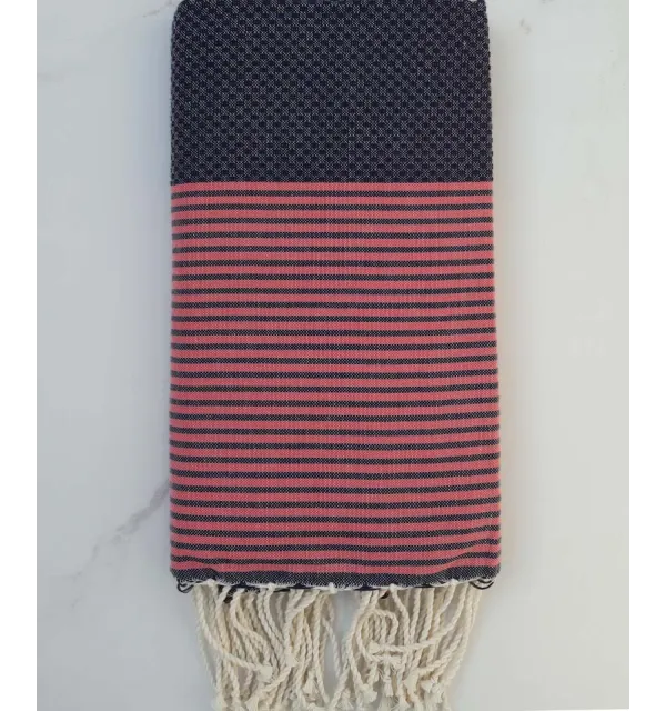 Fouta nid d'abeille bleu violet rayée rose fraise 