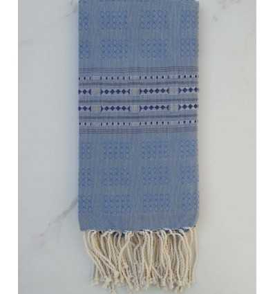 Fouta thalasso bleu avec motifs bleu foncé