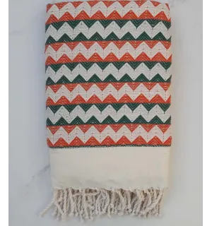 Fouta zigzag blanc crème, orange et vert 