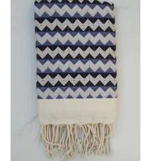 Fouta zigzag blanc crème, bleu turquin et noir 
