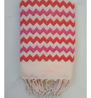 Fouta zigzag blanc crème, rouge et rose 