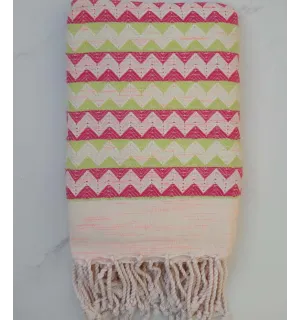 Fouta zigzag blanc crème, rose et vert 