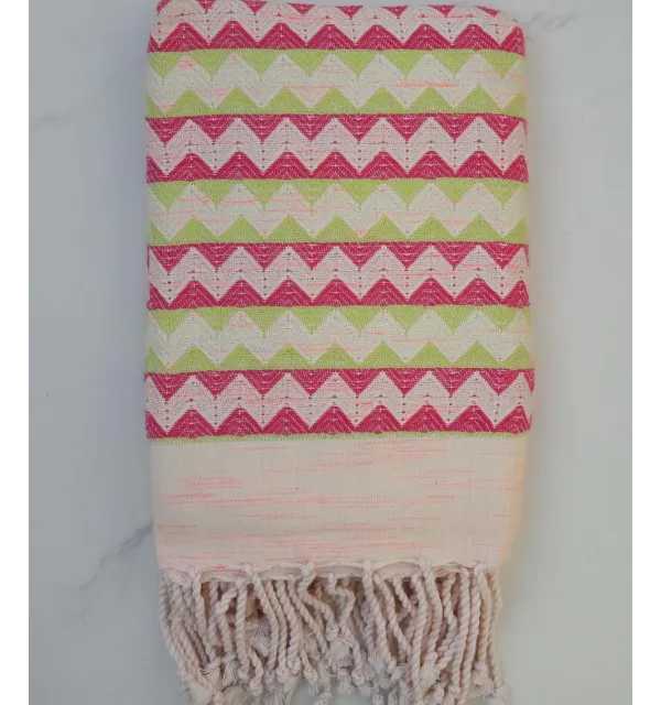 Fouta zigzag blanc crème, rose et vert 