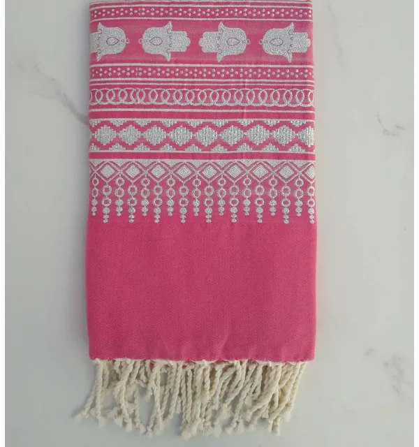 Fouta khomsa rose framboise 