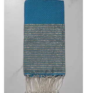 Fouta Lurex nid d'abeille bleu au fil lurex doré 
