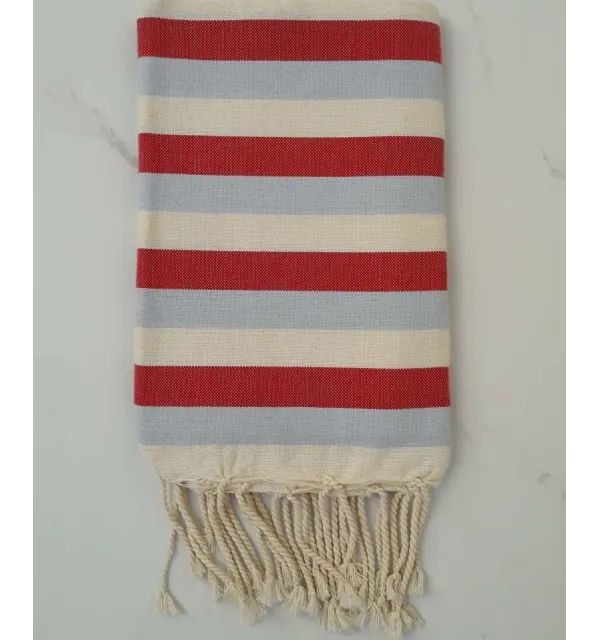 Fouta bleu rouge et blanc crème 