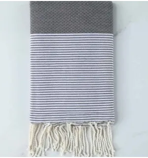 FOUTA NID D'ABEILLE Gris mastic rayée blanc 