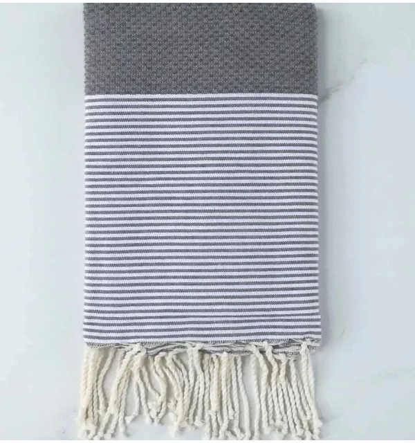 FOUTA NID D'ABEILLE Gris mastic rayée blanc 