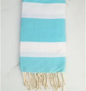 Fouta nid d'abeille blanc et turquoise 