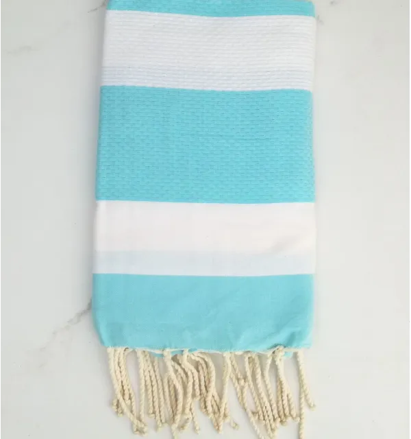 Fouta nid d'abeille blanc et turquoise 