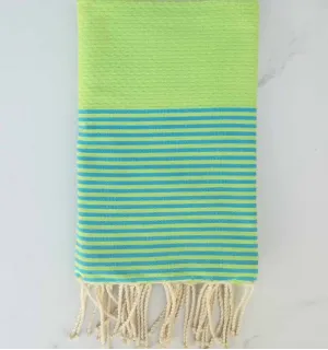 Fouta nid d'abeille vert rayée bleu 