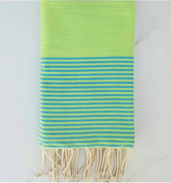 Fouta nid d'abeille vert rayée bleu 