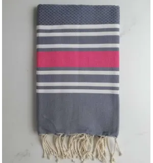 Fouta nid d'abeille bleu horizon et rose 