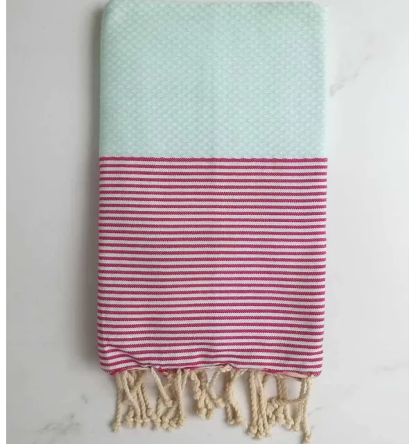FOUTA NID D'ABEILLE vert pistache rayée rose 