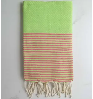 Fouta nid d'abeille vert lime rayée rose