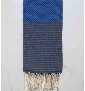 Fouta nid d'abeille bleu rayée marron 