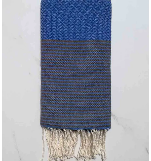 Fouta nid d'abeille bleu rayée marron 