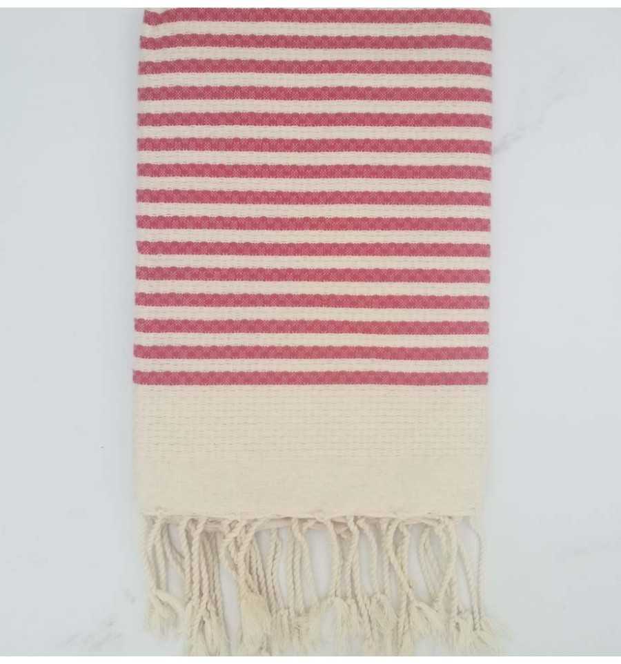 Fouta nid d'abeille rayée 1 cm rayure rose foncé