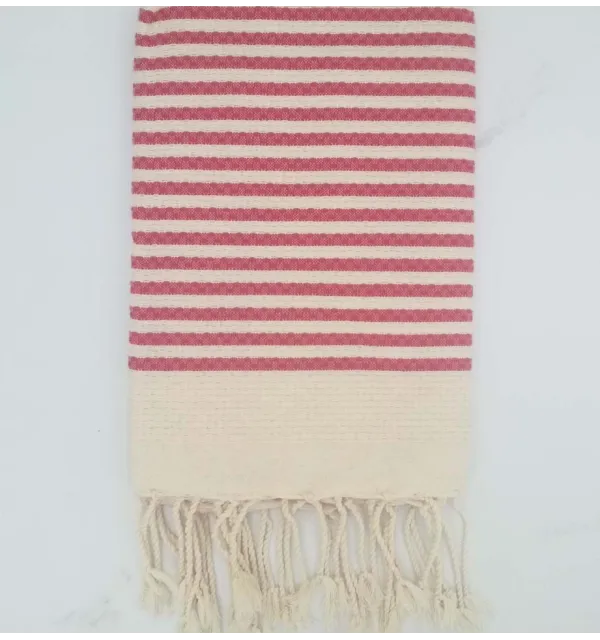 FOUTA nid d'abeille rayée 1 cm rayure rose foncé 