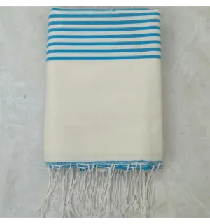Jeté blanc crème rayée bleu azur 