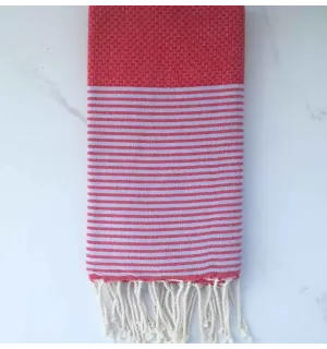 Fouta nid d'abeille rouge avec rayures