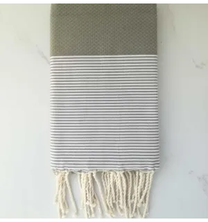 FOUTA NID D'ABEILLE beige vert rayée blanc 