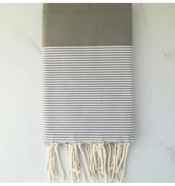FOUTA NID D'ABEILLE beige vert rayée blanc 