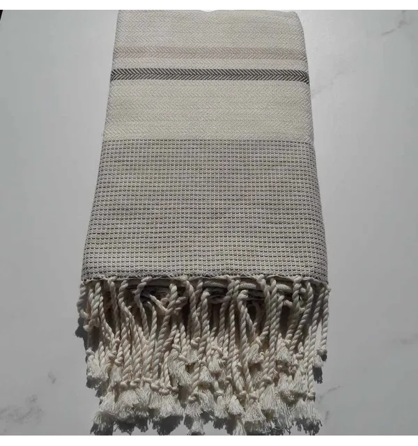 Fouta Chevron blanc crème, écru et gris vert 