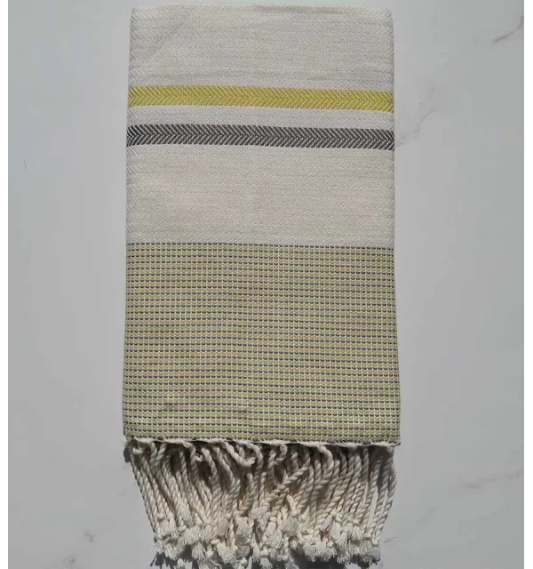 Fouta Chevron blanc crème, lemon et gris taupe 