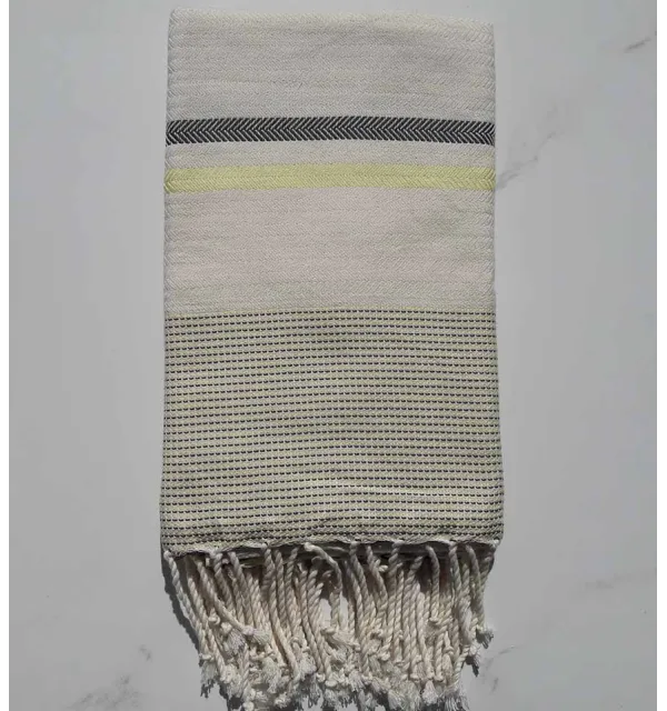 Fouta Chevron blanc crème, gris taupe et jaune fluo 