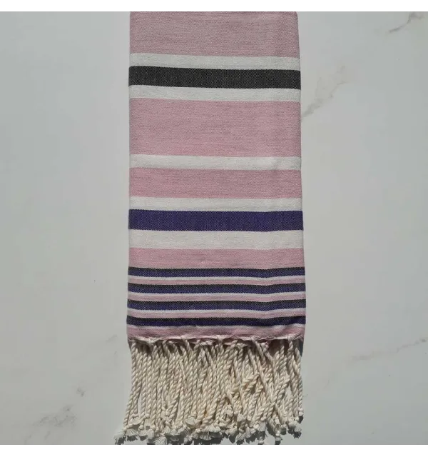 Fouta Dina rose rayée blanc, mauve et anthracite 