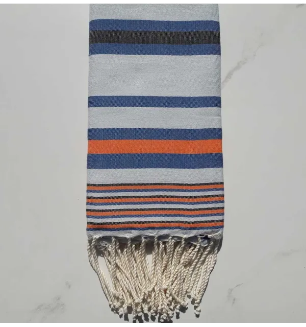 Fouta Dina bleu clair rayée anthracite, bleu et orange 