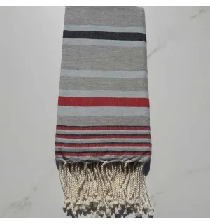 Fouta Dina gris rayée bleu ciel, anthracite et rouge 