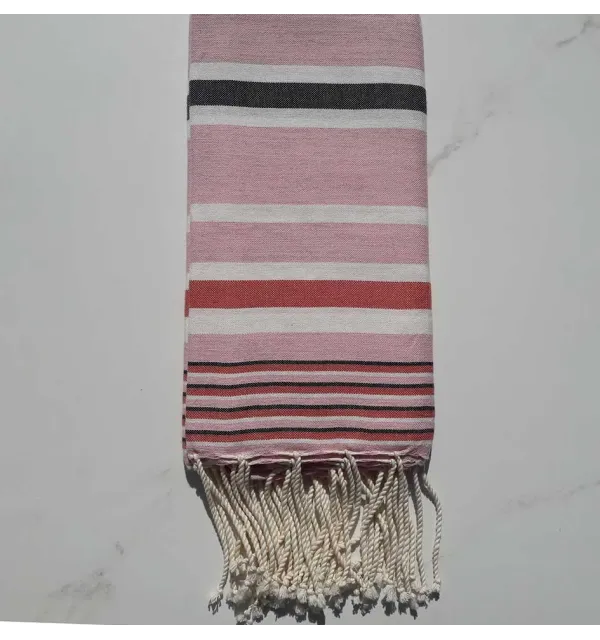 Fouta Dina rose rayée blanc, brique et anthracite 