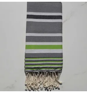 Fouta Dina gris rayée blanc, gris noir et vert