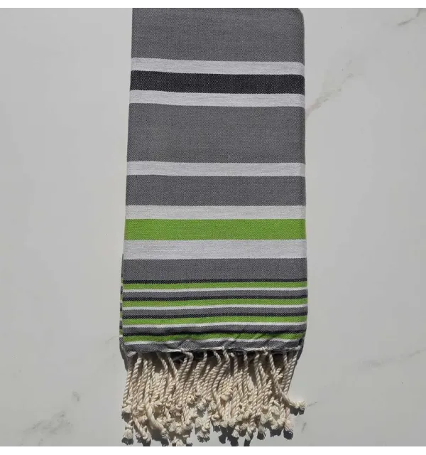 Fouta Dina gris rayée blanc, gris noir et vert 