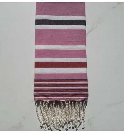 Fouta Dina rose rayée blanc, anthracite et rouge