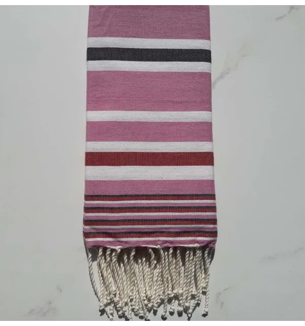 Fouta Dina rose rayée blanc, anthracite et rouge 