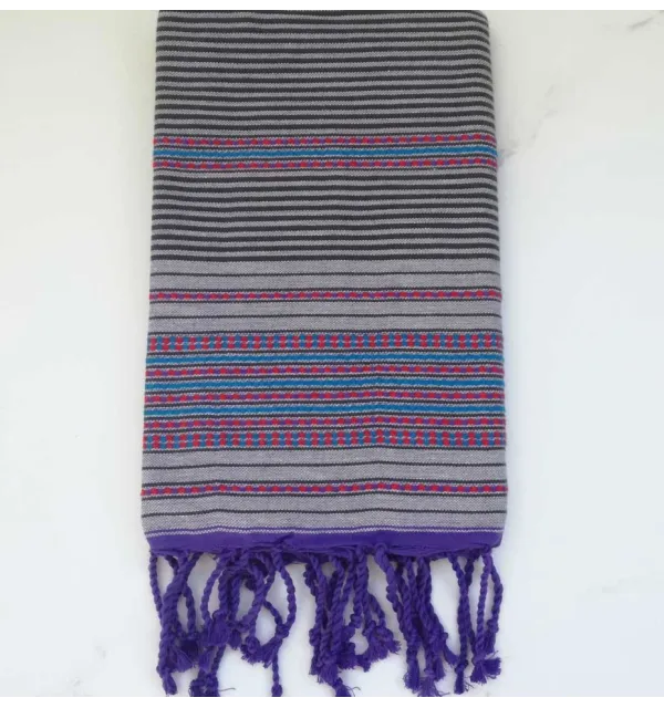 Fouta arabesque violet pale rayée gris anthracite 