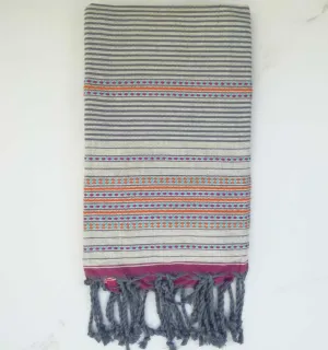 Fouta arabesque blanc crème rayée bleu horizon