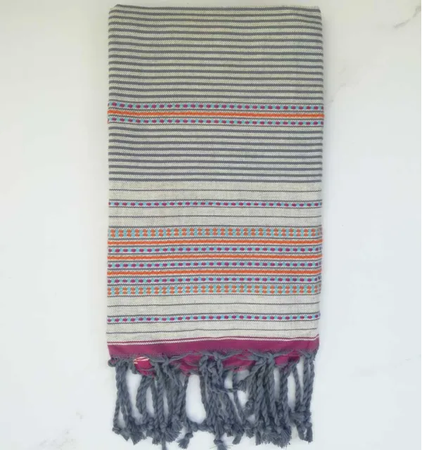 Fouta arabesque blanc crème rayée bleu horizon 
