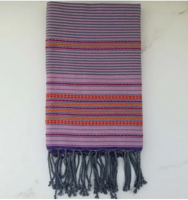 Fouta arabesque violet clair rayée vert 