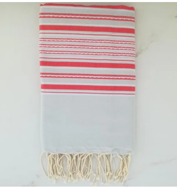 Fouta arabesque bleu fumée rayée rose 