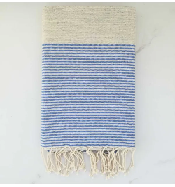 Fouta nid d'abeille gris rayée bleu 