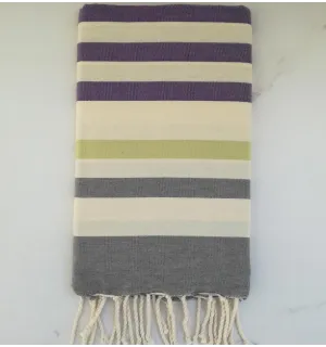 Fouta mauve, vert, gris et blanc crème
