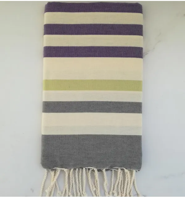 Fouta mauve, vert, gris et blanc crème 