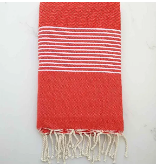 Fouta nid d'abeille rouge anglais avec rayures 