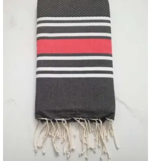 Fouta nid d'abeille gris anthracite rayée rouge anglais 2